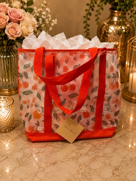 Femme Handbags - Cherry Print Transparent Tote Bag with Red Trim NWT